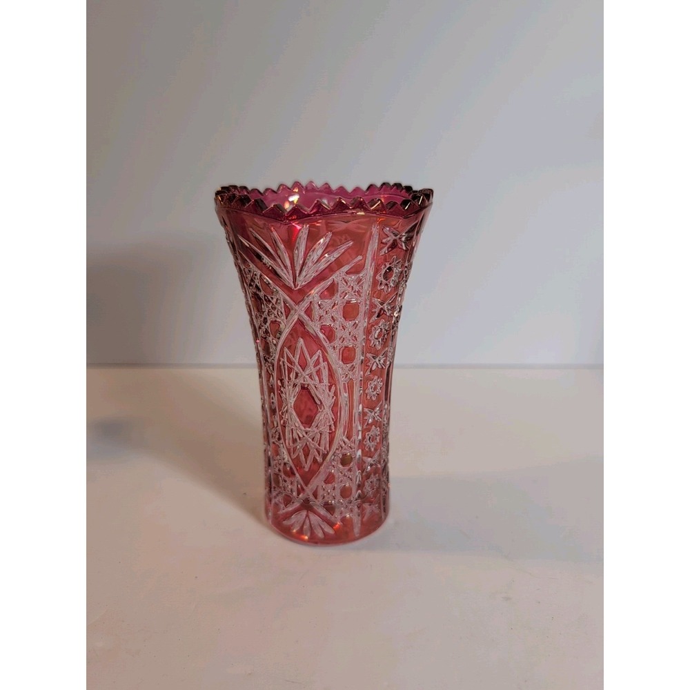 Crystal D'Arques Ruby‎ Kiriko Vase Cut Glass Decorative Base Used
